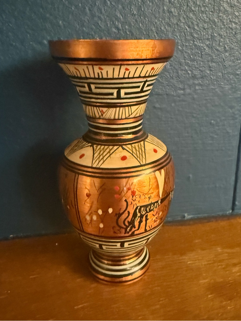 Vintage Hand Painted Greek Copper Bud Vase Ancient Geometric & Animal Motifs